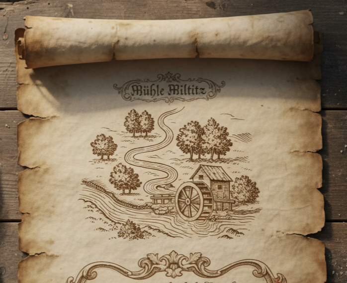 Historische Karte UrOeder von 1589 mit der Mühle Miltitz